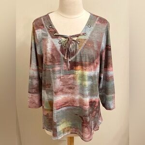 CJ Banks Grey Pink Yellow Print Tie Up Long Sleeve Casual Top Size 14W